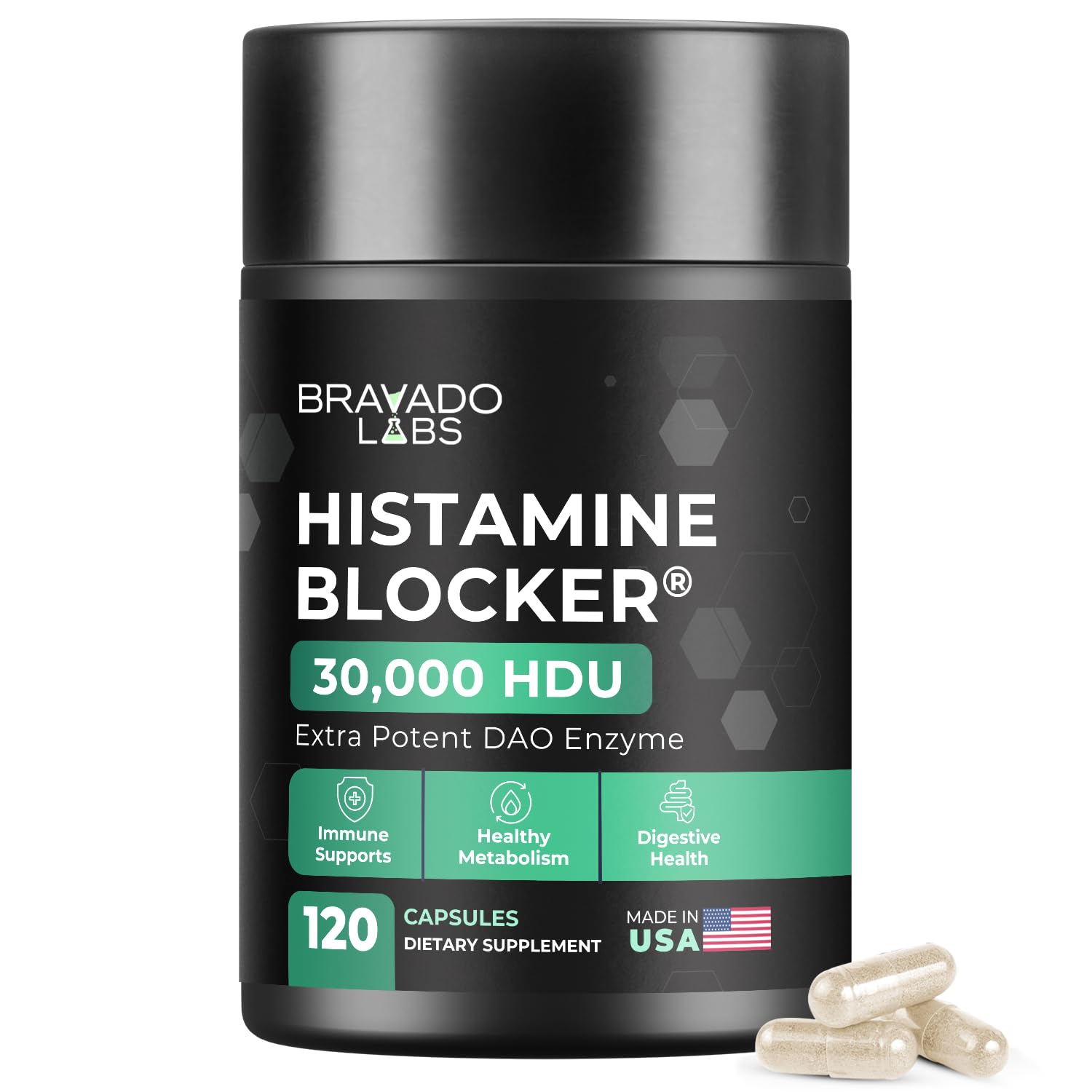 Bravado Labs DAO enzyme capsules bottle close-up with 30,000 HDU per capsule.