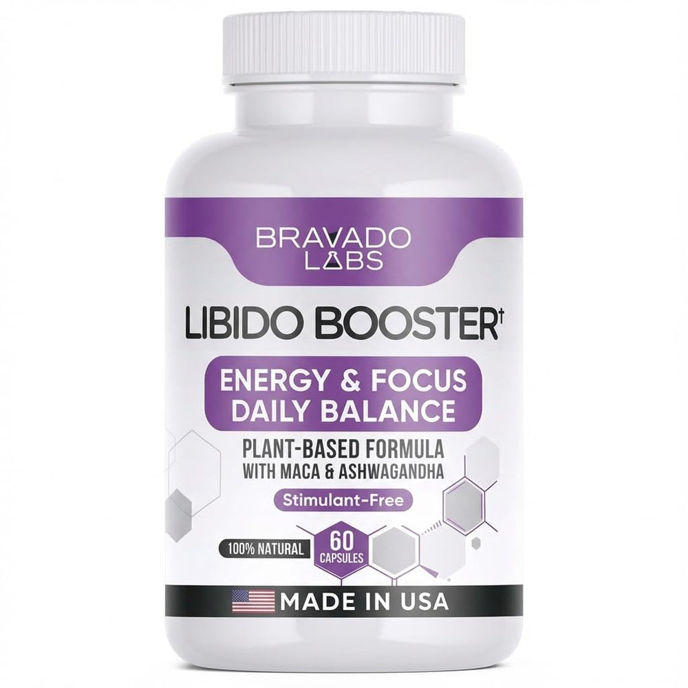 Bravado Labs Female Libido Booster capsules closeup showing natural herbal formula for daily balance.
