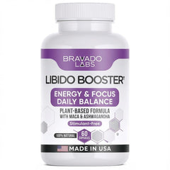 Bravado Labs Female Libido Booster capsules closeup showing natural herbal formula for daily balance.