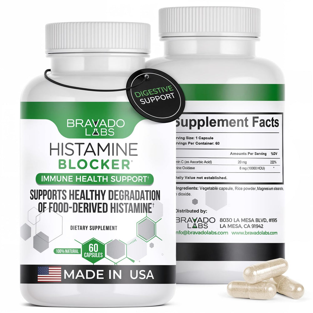 Bravado Labs Histamine Blocker bottle front ready for daily use to support histamine management.
