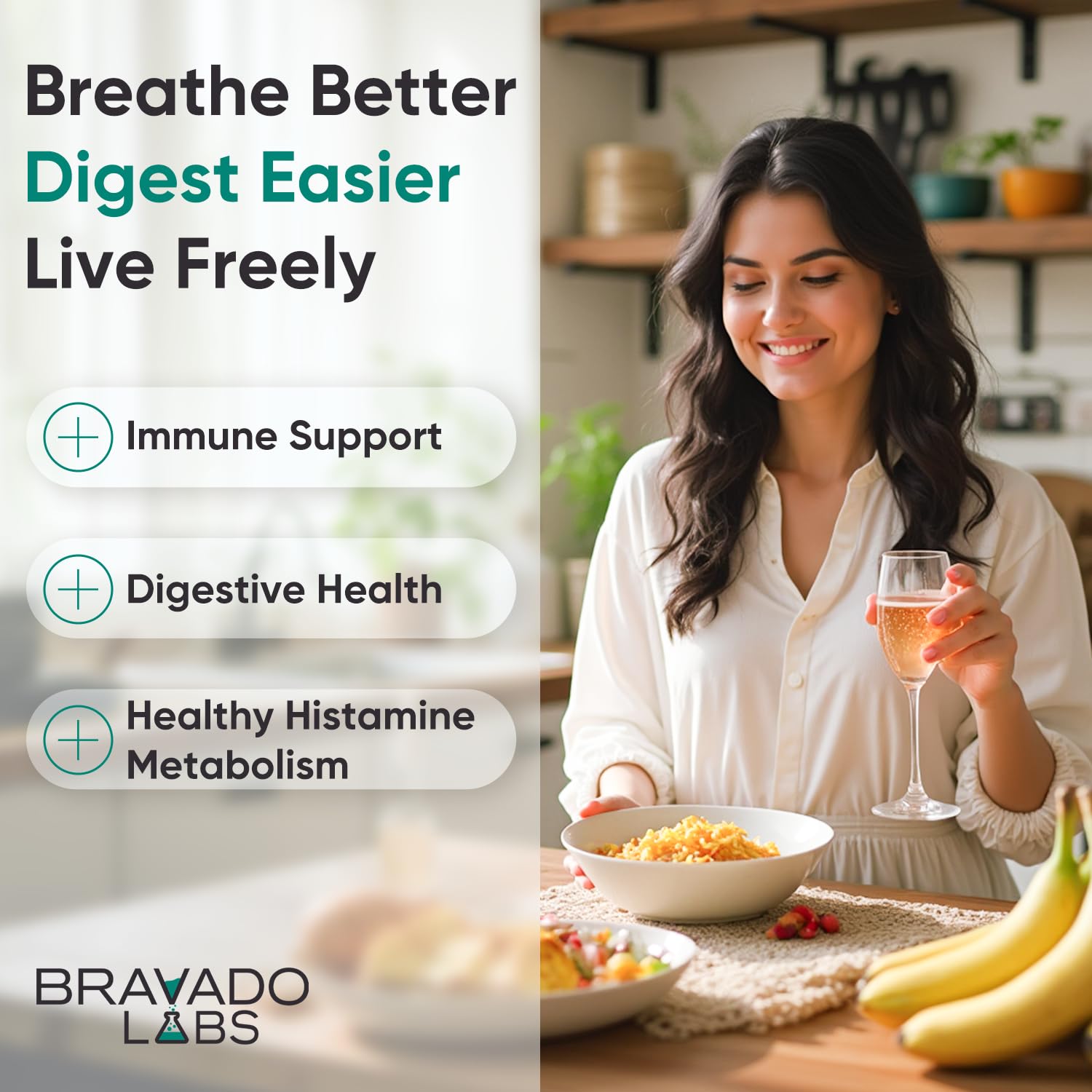 Bravado Labs histamine blocker bottle label emphasizing daily use.