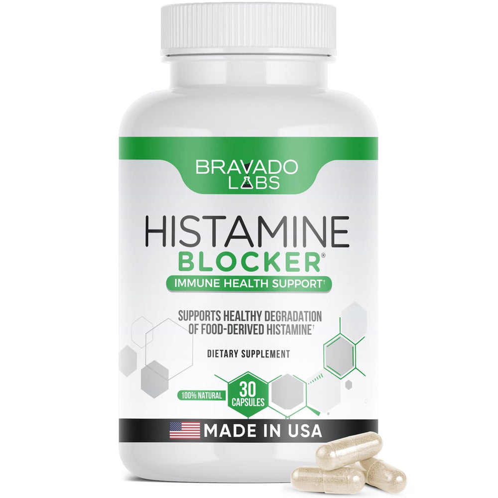 Bravado Labs Histamine Blocker bottle on a kitchen counter for daily support