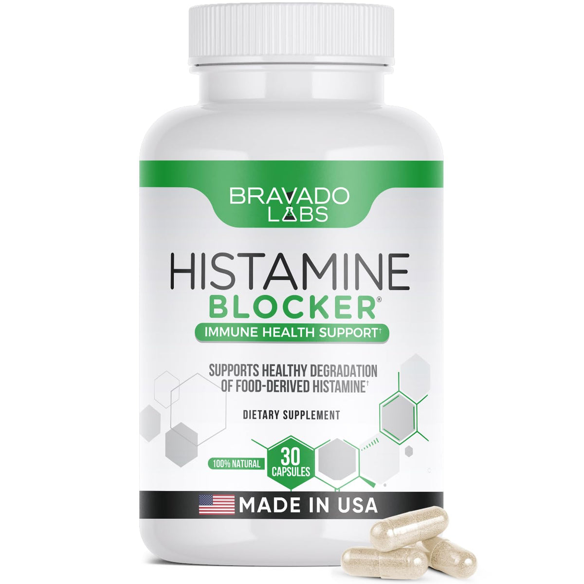 Bravado Labs Histamine Blocker bottle on a kitchen counter for daily support