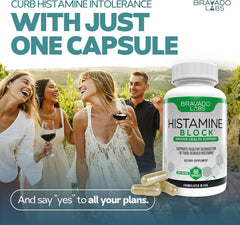 Bravado Labs Histamine Blocker capsules close-up showing the compact one-capsule format for quick support.