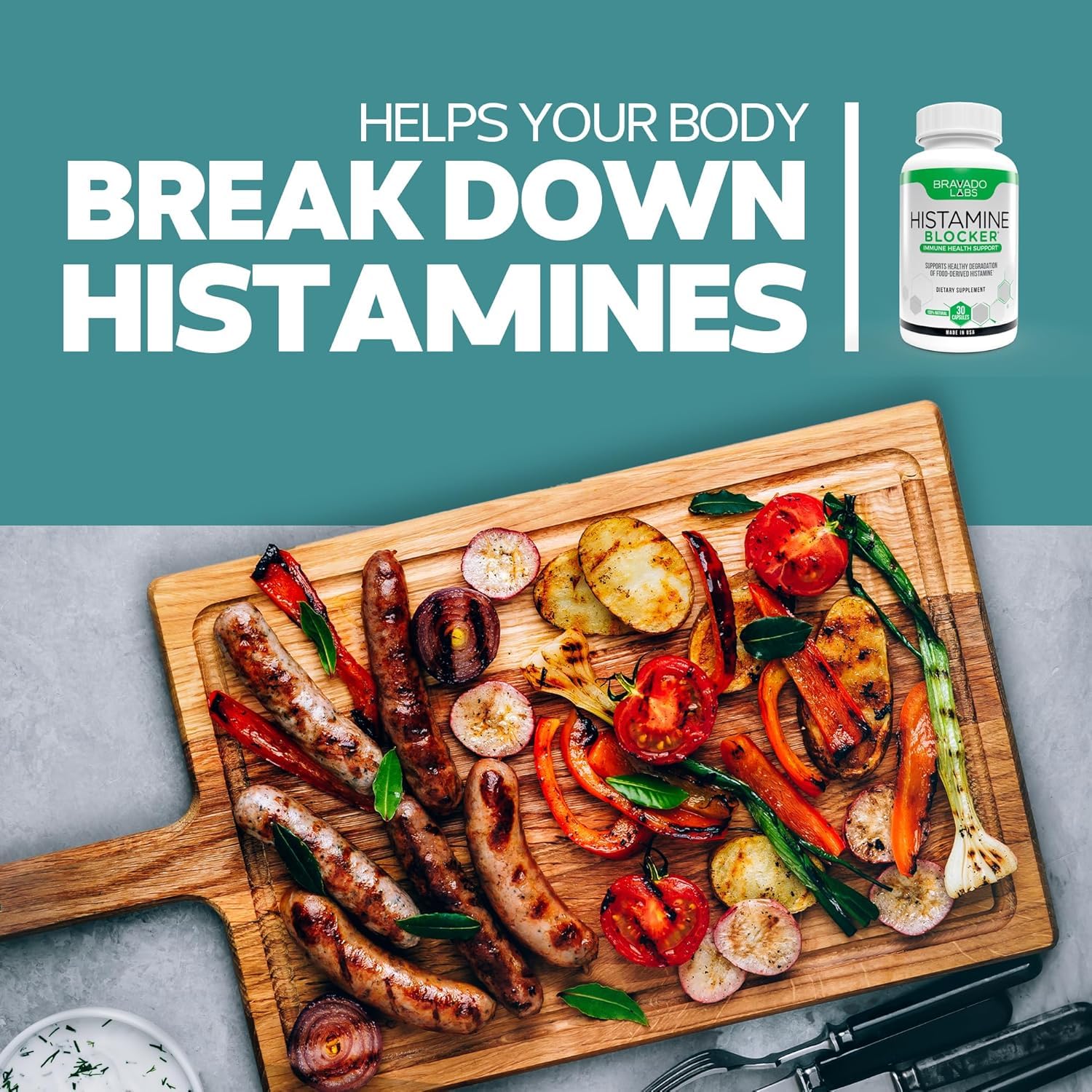 Bravado Labs Histamine Blocker at a dining-out table enabling comfortable social dining