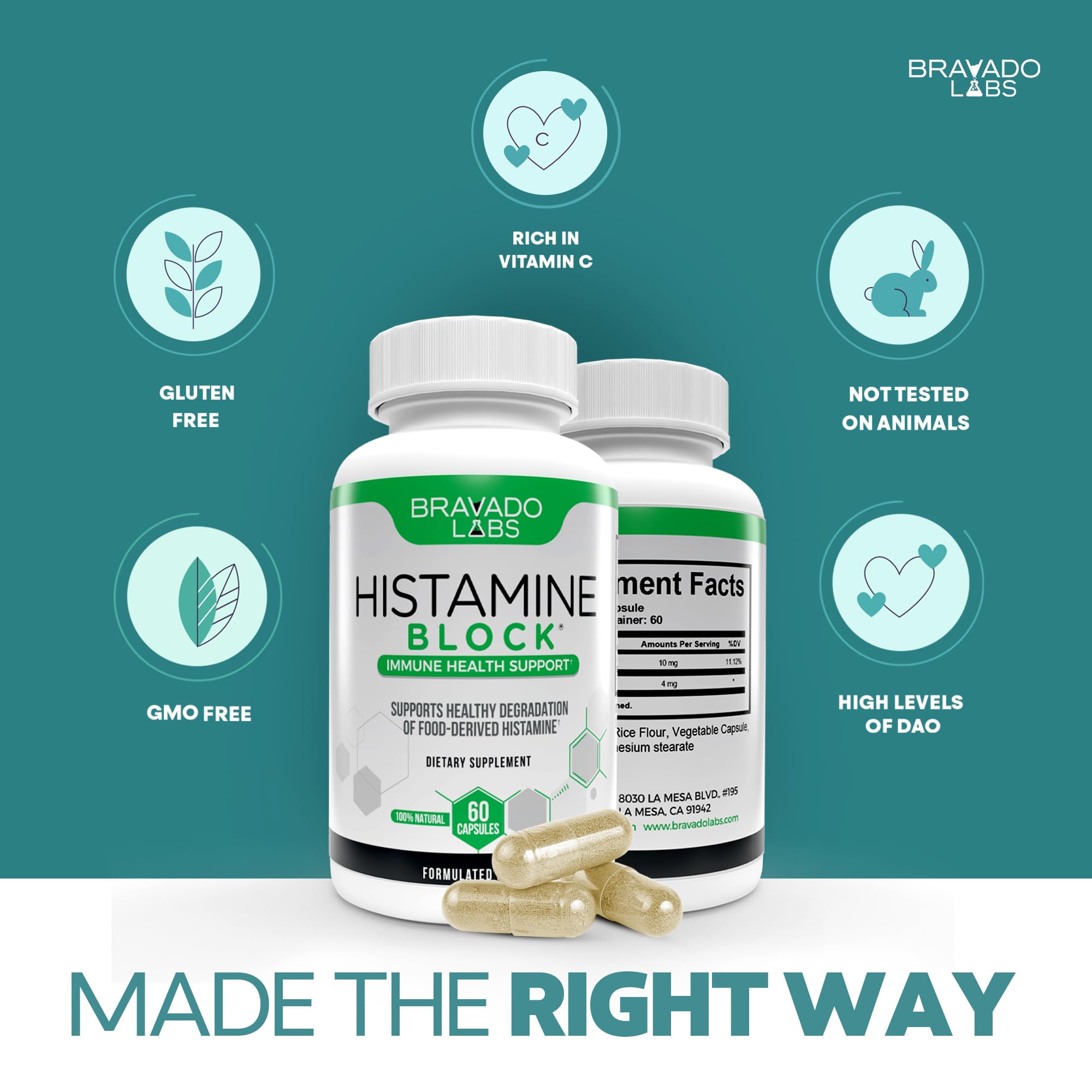 Bravado Labs Histamine Blocker dining-out use scene with meal setting and mindful enjoyment.