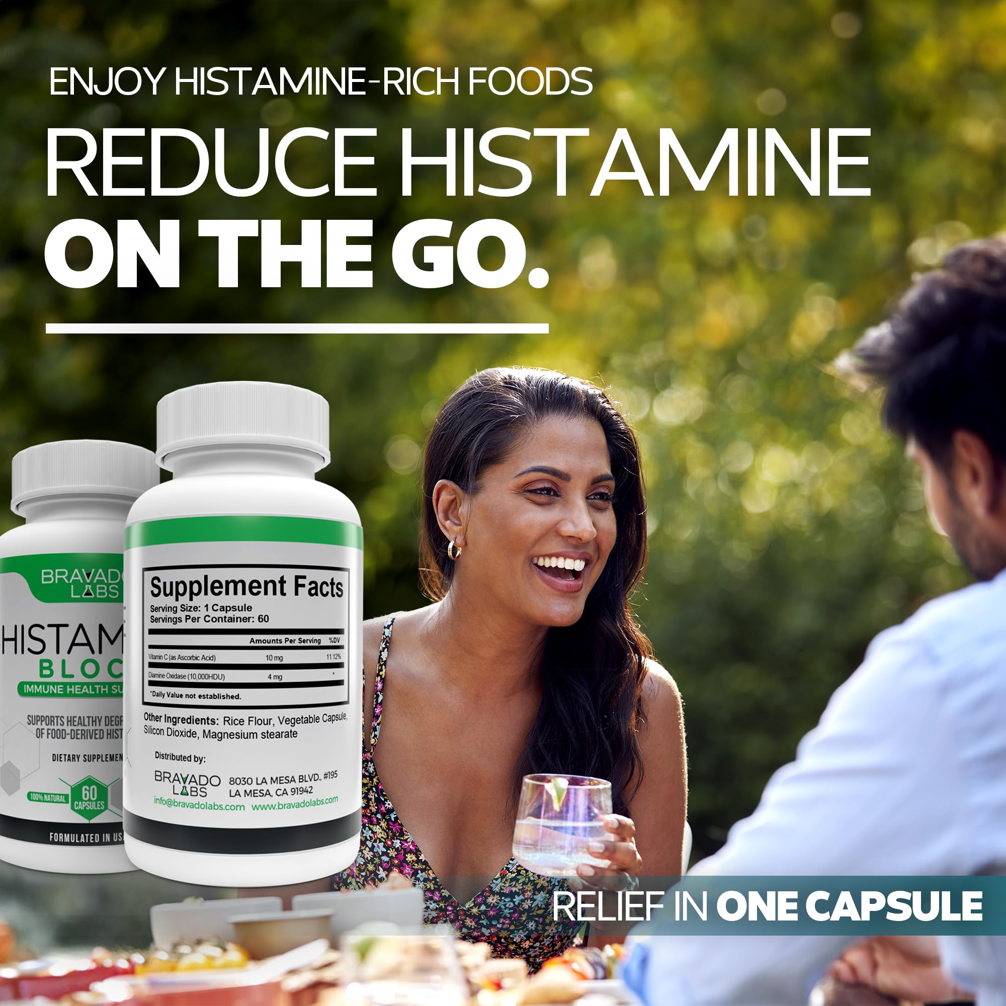 Bravado Labs Histamine Blocker label detail highlights DAO enzyme and Vitamin C for dual-action support.