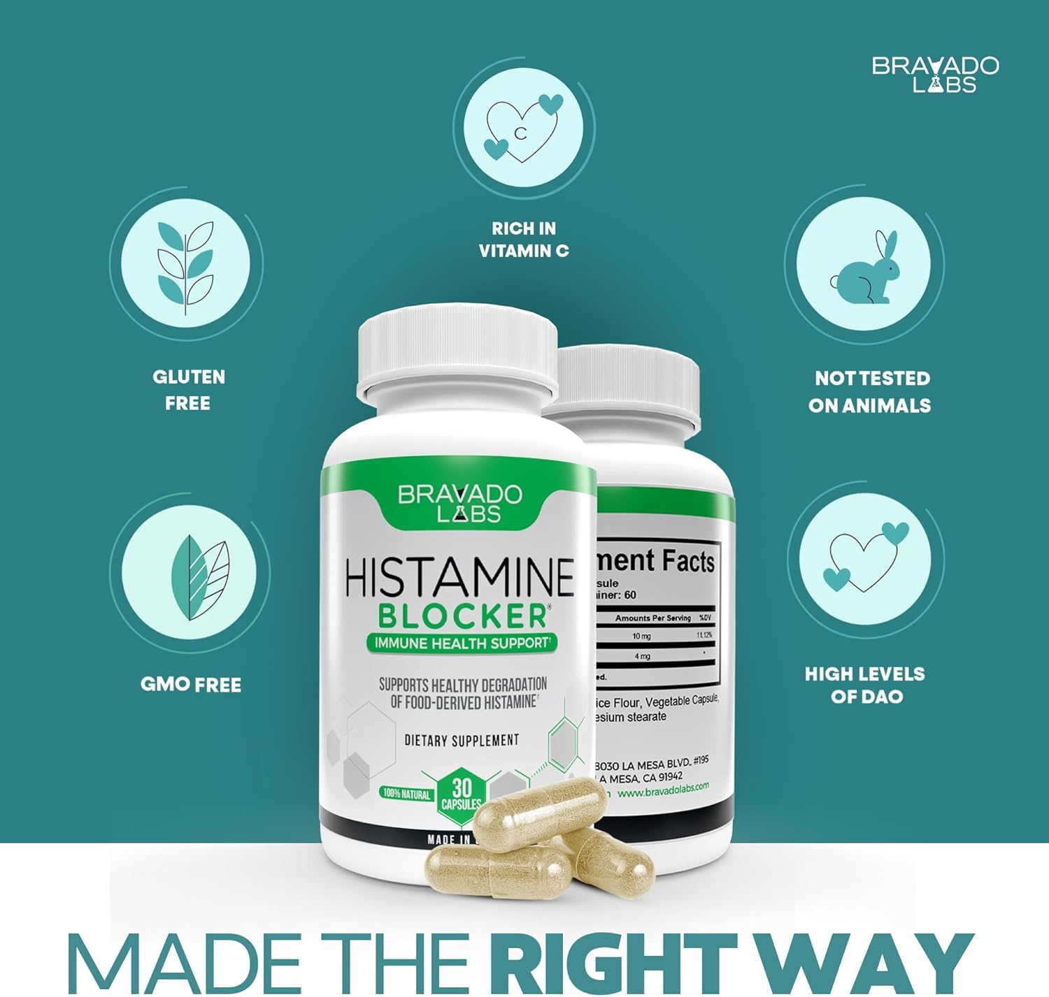 Bravado Labs Histamine Blocker label highlights gluten-free and non GMO formulation