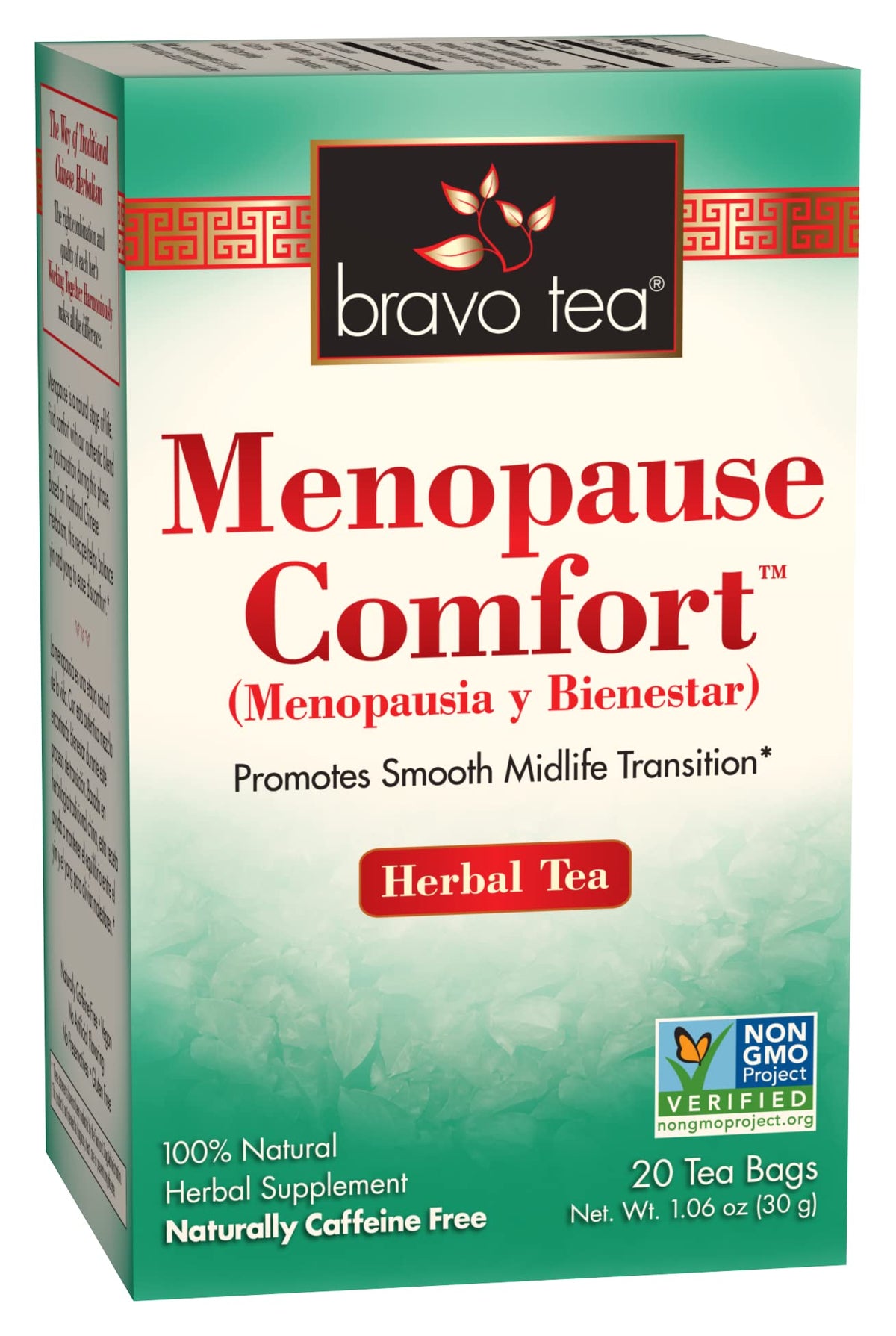 Bravo Tea Menopause Comfort tea bags showing caffeine-free blend for menopause support
