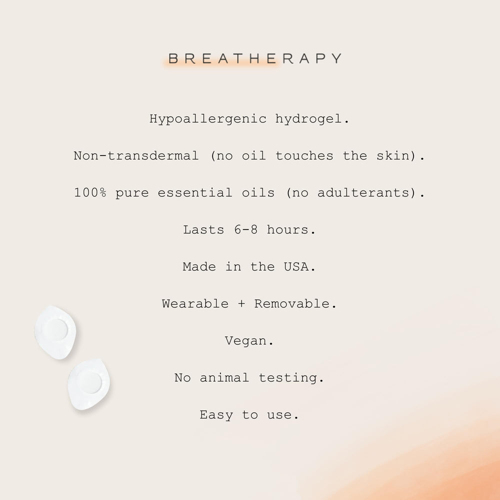 Breatherapy adhesive tab applied to chest demonstrates discreet wearable aromatherapy