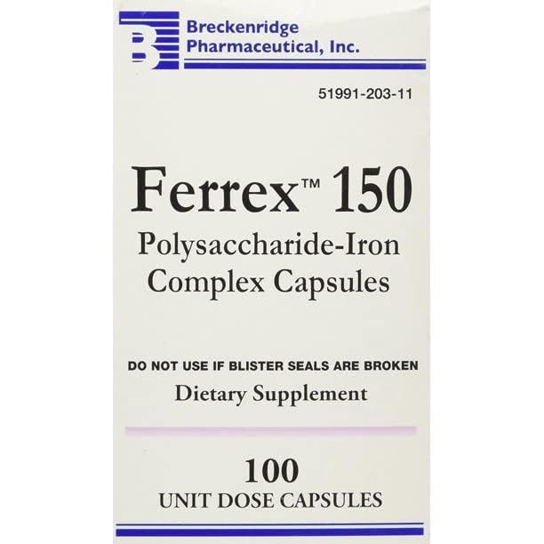 Breckenridge Ferrex 150 capsules, easy-to-swallow iron supplement for daily use