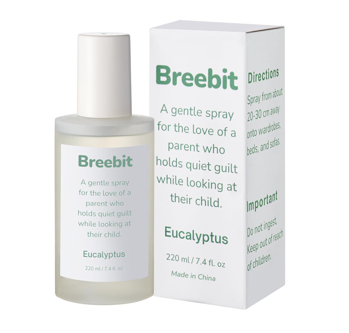 Breebit Eucalyptus Pillow Spray bottle delivering a gentle, calming scent on linens