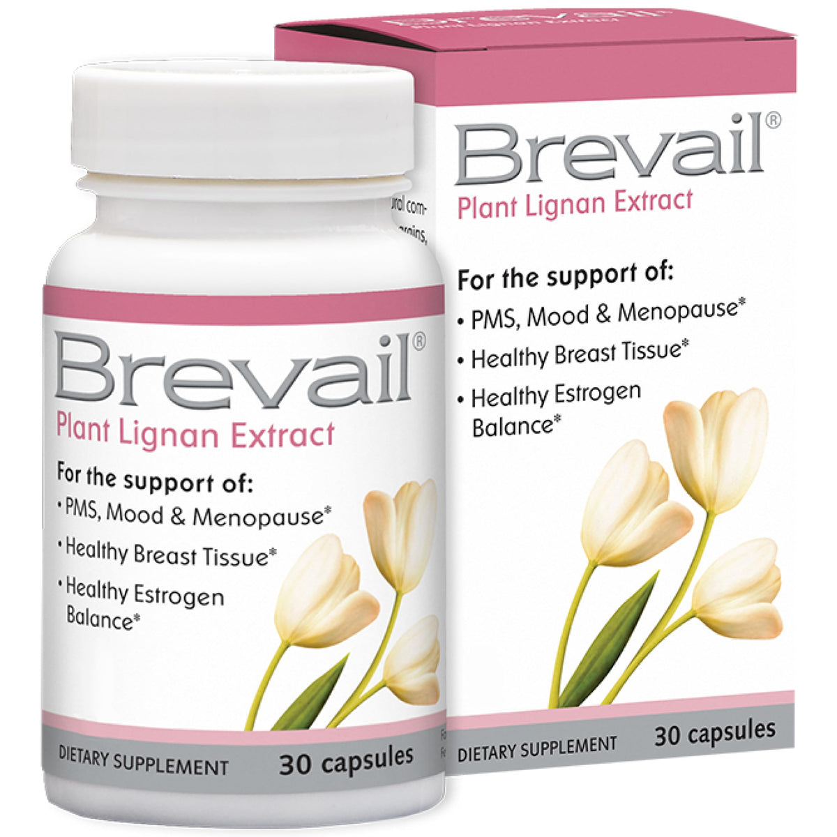Barlean's Brevail bottle front showing plant lignan extract for daily hormonal balance possibilities.