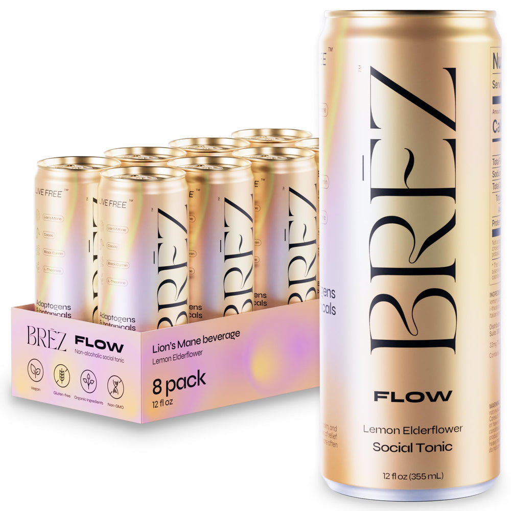 BREZ Flow lemon elderflower can – refreshing, low-calorie option to support mood and focus.