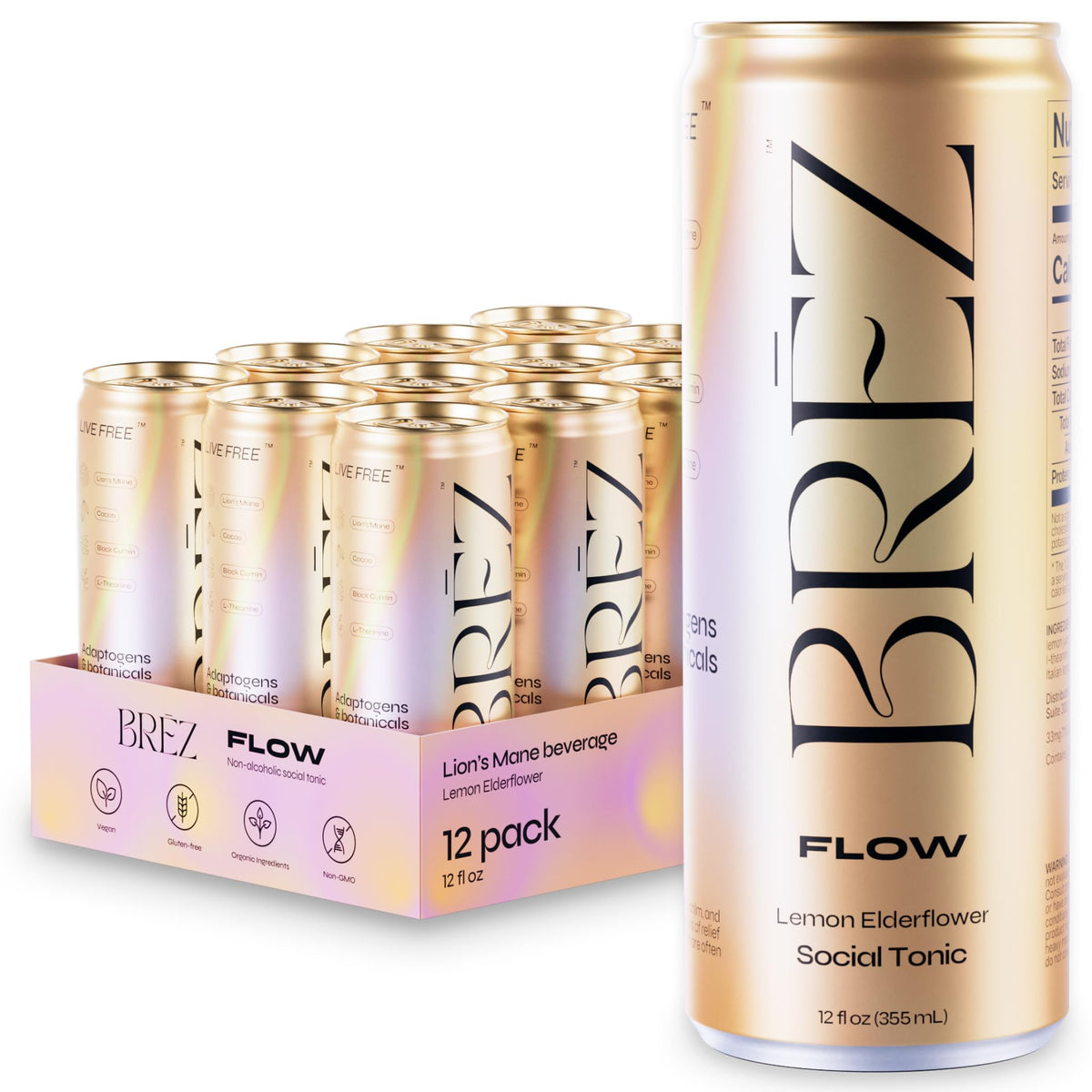 BRĒZ FLOW lemon elderflower can on table for mood lift
