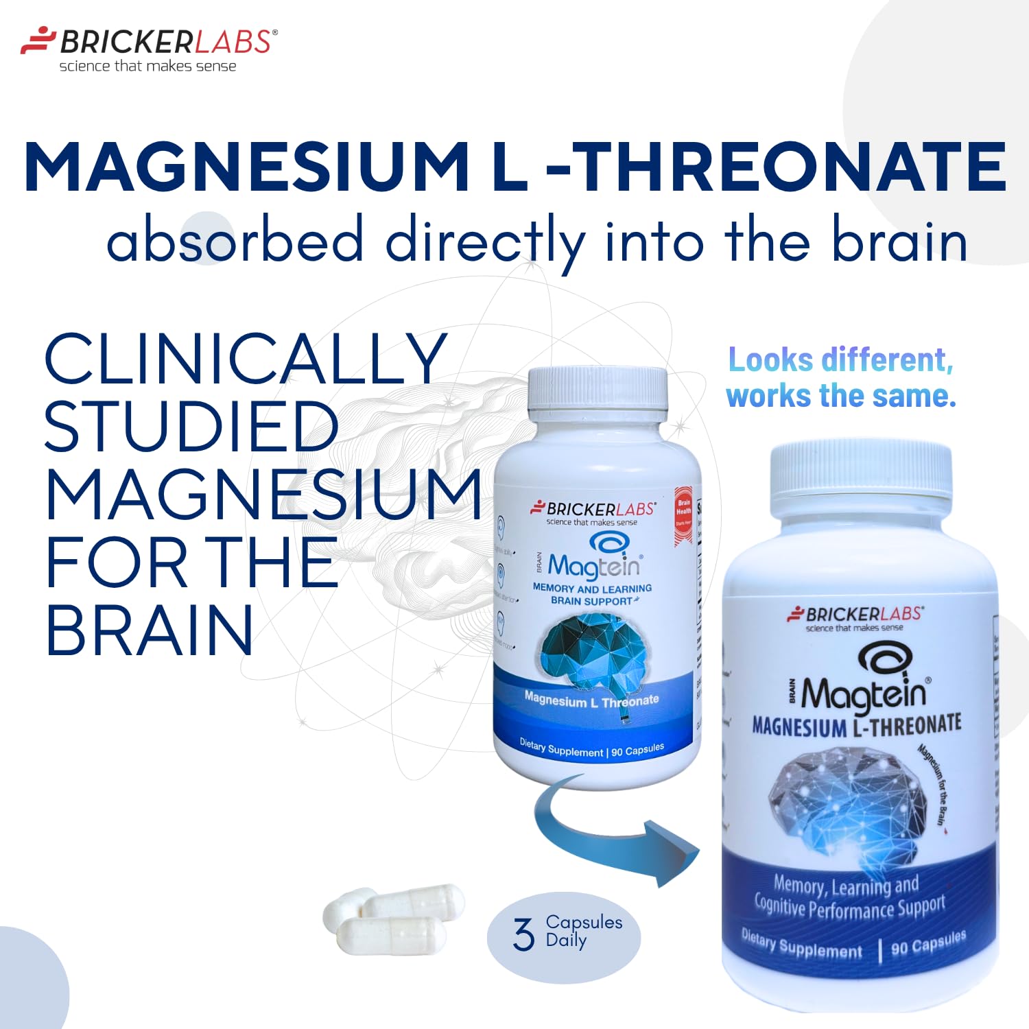 Bricker Labs Magtein capsules close-up showing daily dosage