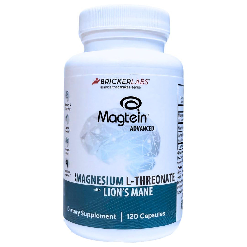 Bricker Labs Magtein bottle front shows brain health support for daily cognition.