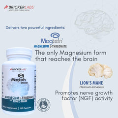 Bricker Labs Magtein Lion's Mane capsules close-up for memory and focus.