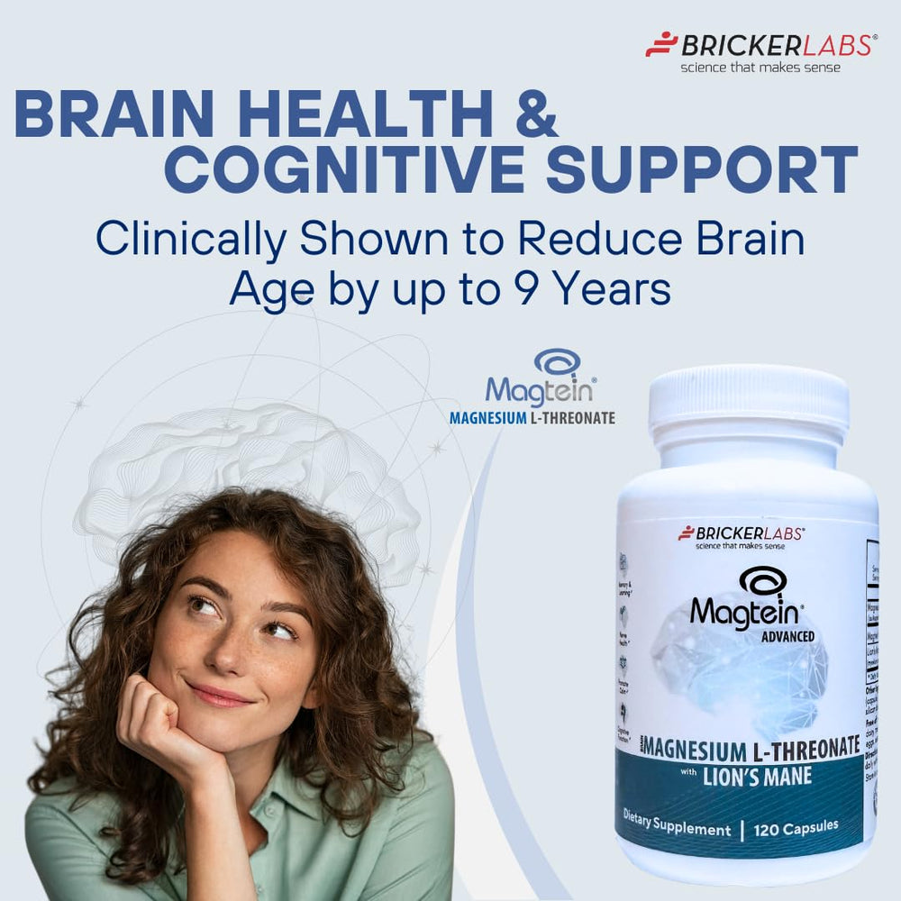 Bricker Labs Magtein Lion's Mane ingredient graphic showing brain-targeted magnesium.