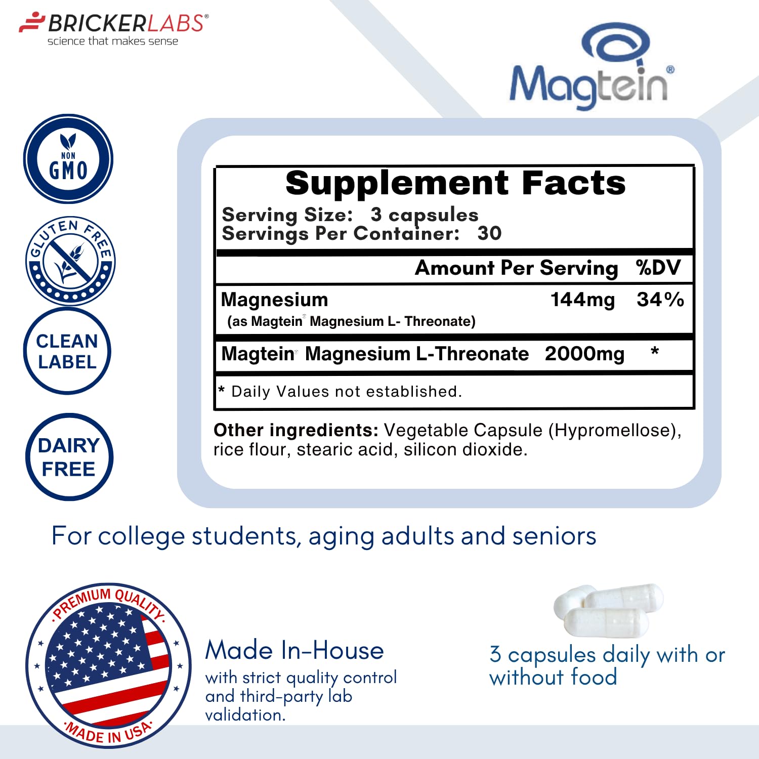 Bricker Labs Magtein packaging box communicates non-GMO and gluten-free