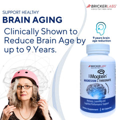 Bricker Labs Magtein serving size graphic shows three capsules per day