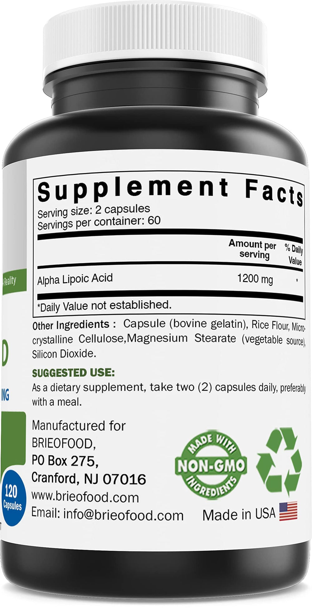 Brieofood Alpha Lipoic Acid capsules close-up, high-dosage per serving.