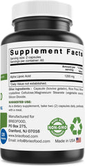 Brieofood Alpha Lipoic Acid capsules close-up, high-dosage per serving.
