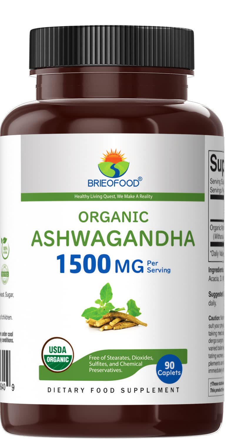 Brieofood Ashwagandha bottle back label details ingredients and organic certification