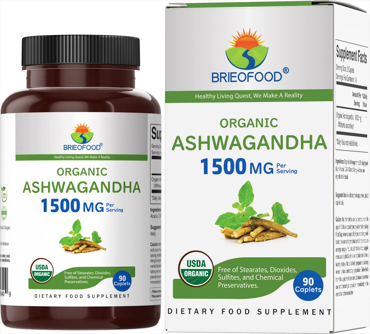 Brieofood Ashwagandha bottle front showing organic formula for daily balance