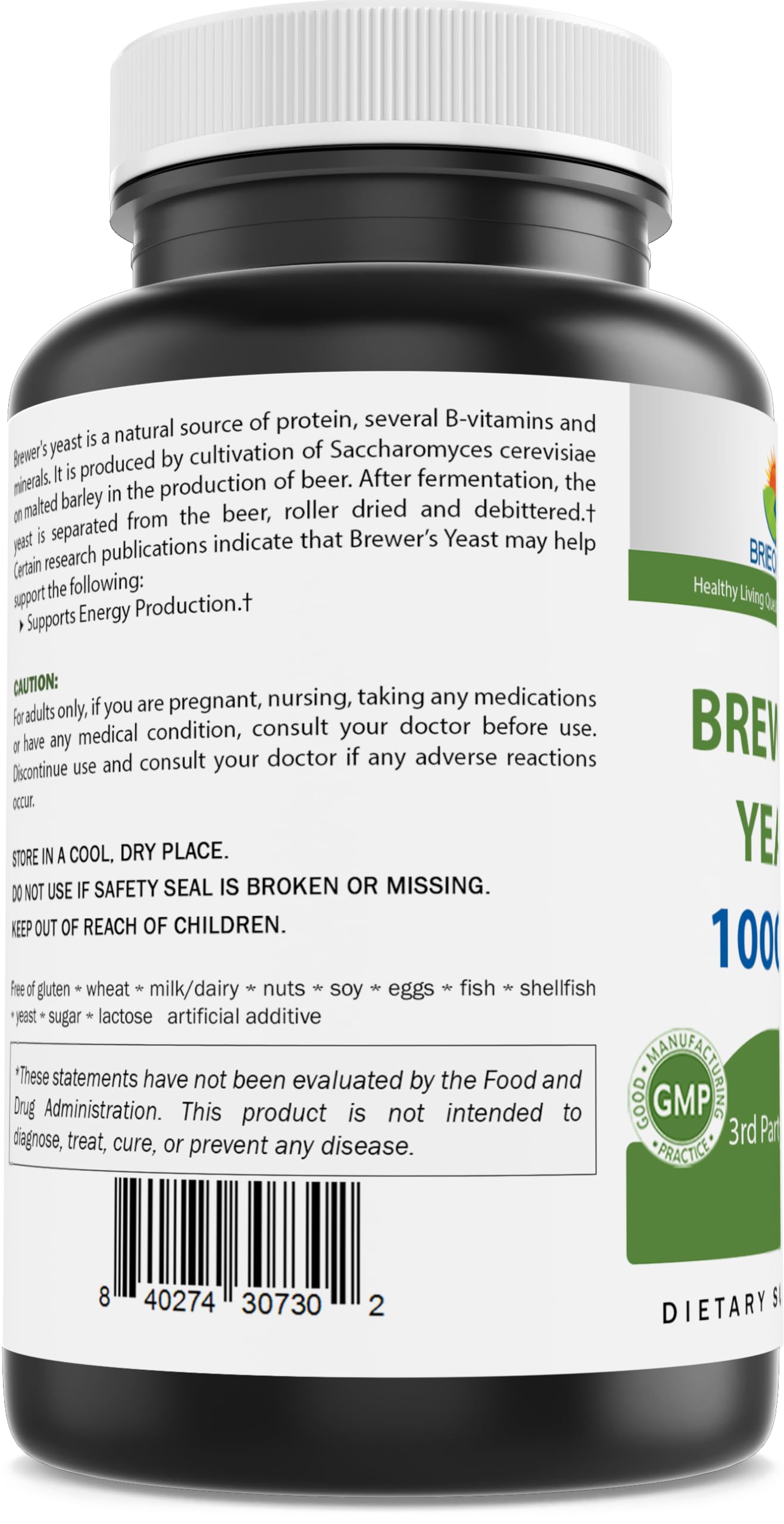 Brieofood Brewers Yeast packaging back highlighting GMP and purity details