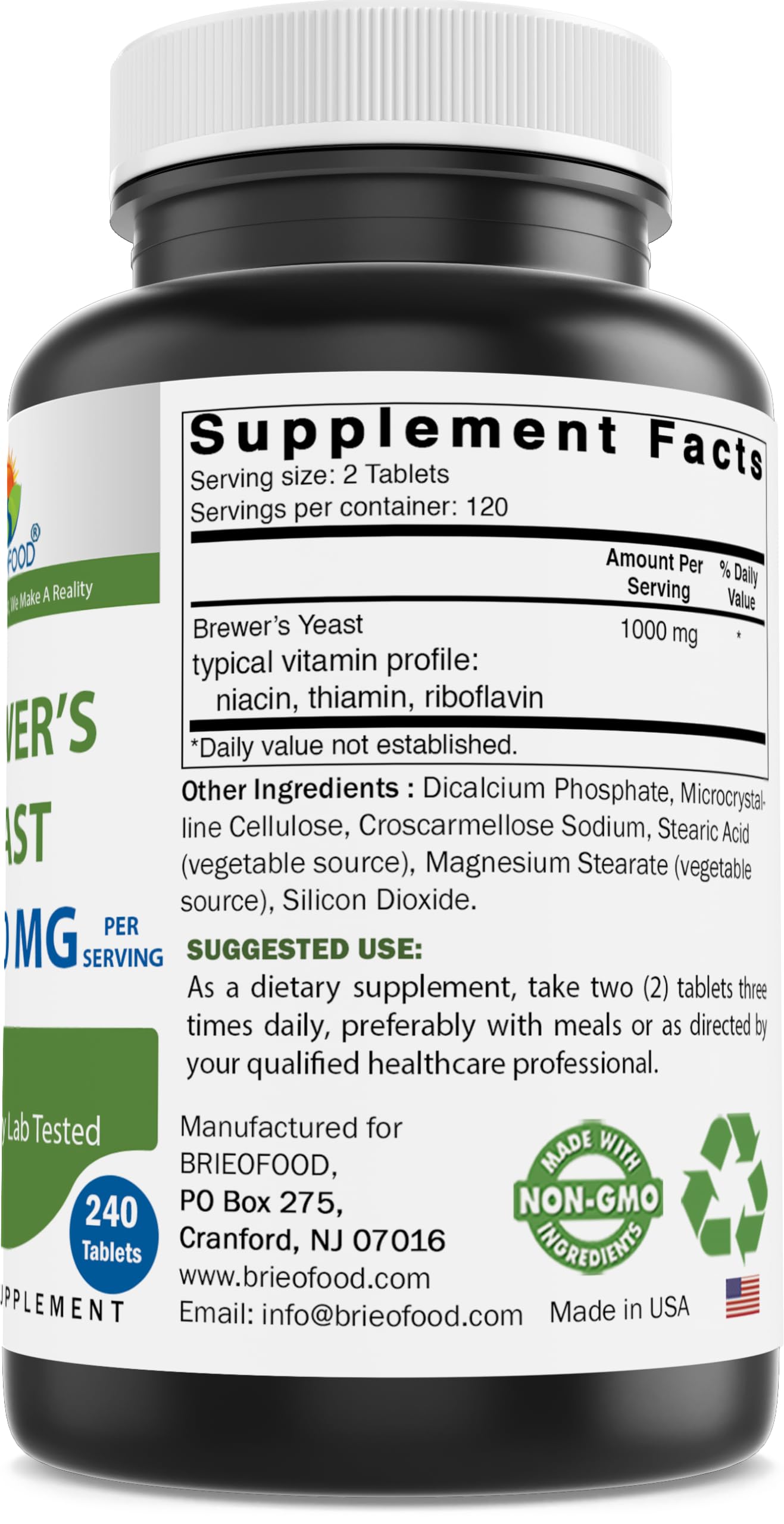 Brieofood Brewers Yeast tablets close-up showing 1000 mg per serving