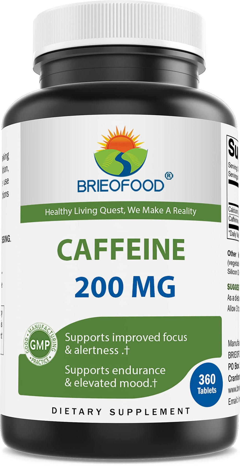 Brieofood caffeine pills bottle front showing 200 mg per serving for focused energy
