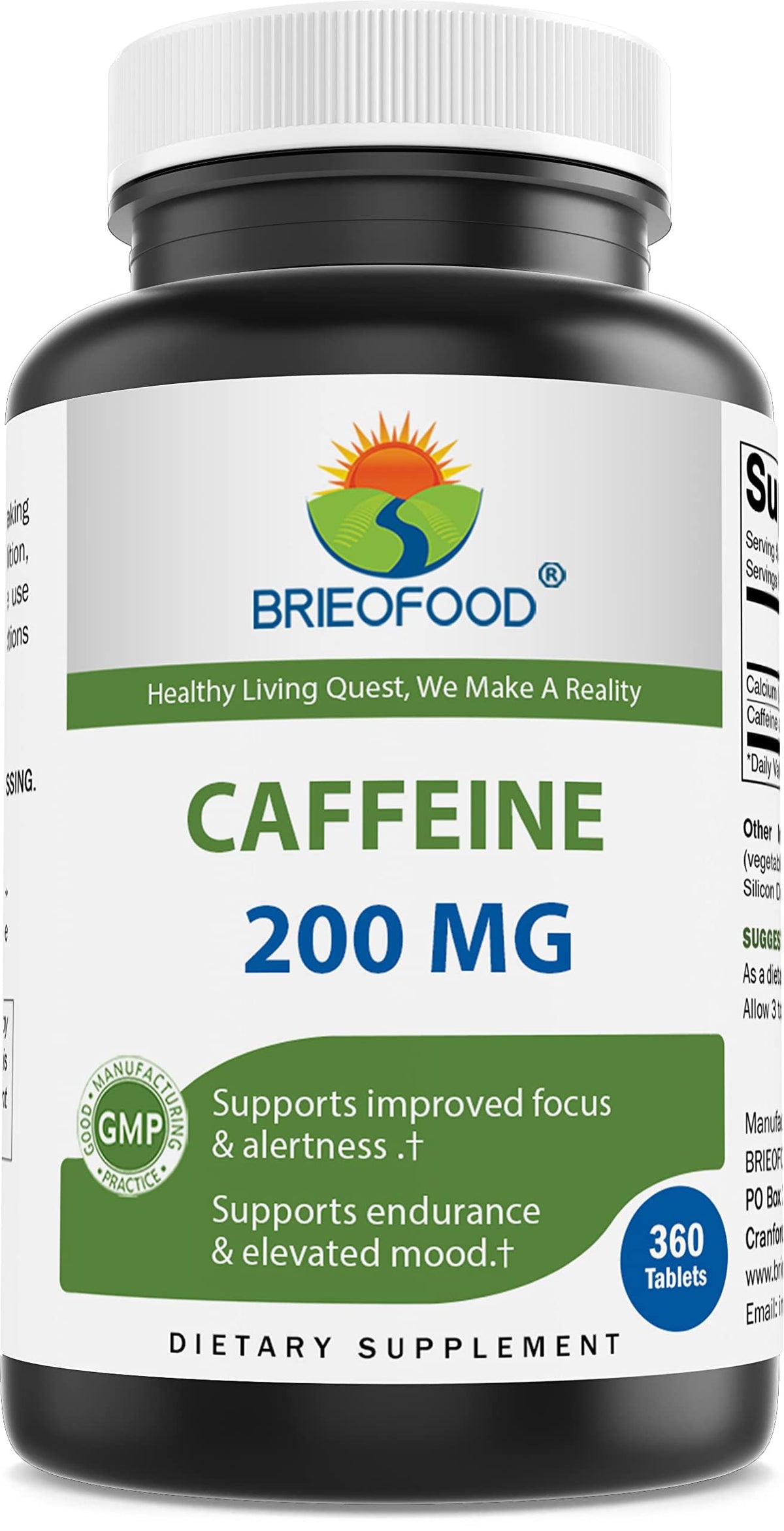Brieofood caffeine pills bottle front showing 200 mg per serving for focused energy