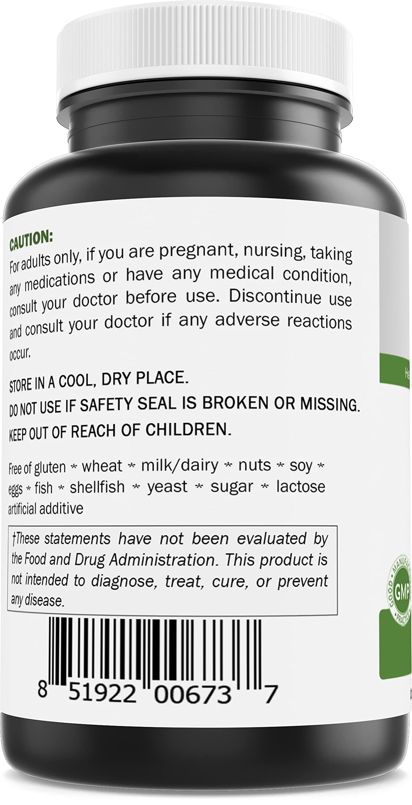 Brieofood caffeine pills label details indicating gluten-free and GMP-quality manufacturing