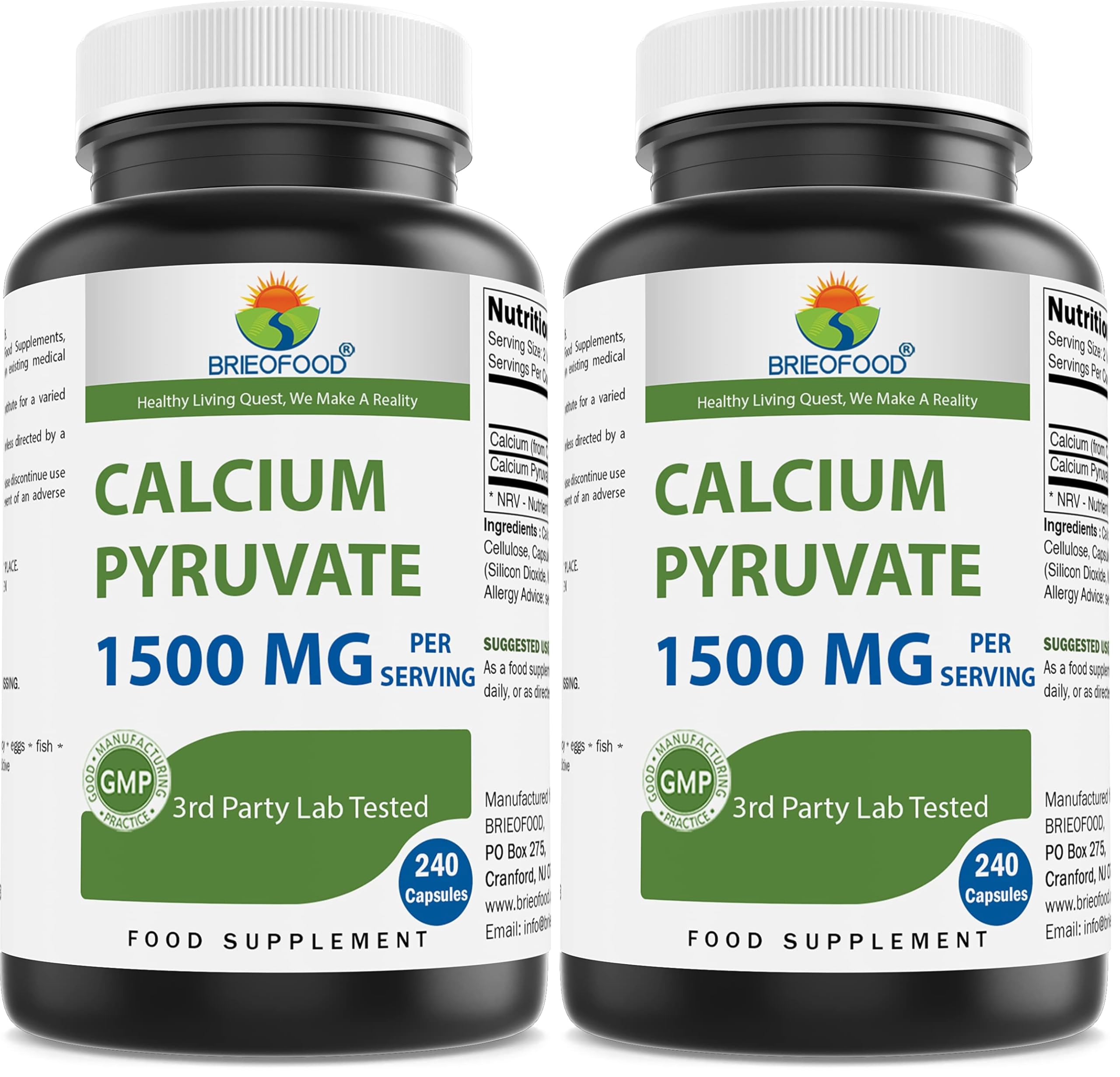 Brieofood Calcium Pyruvate bottle showing 1500mg per serving for daily support