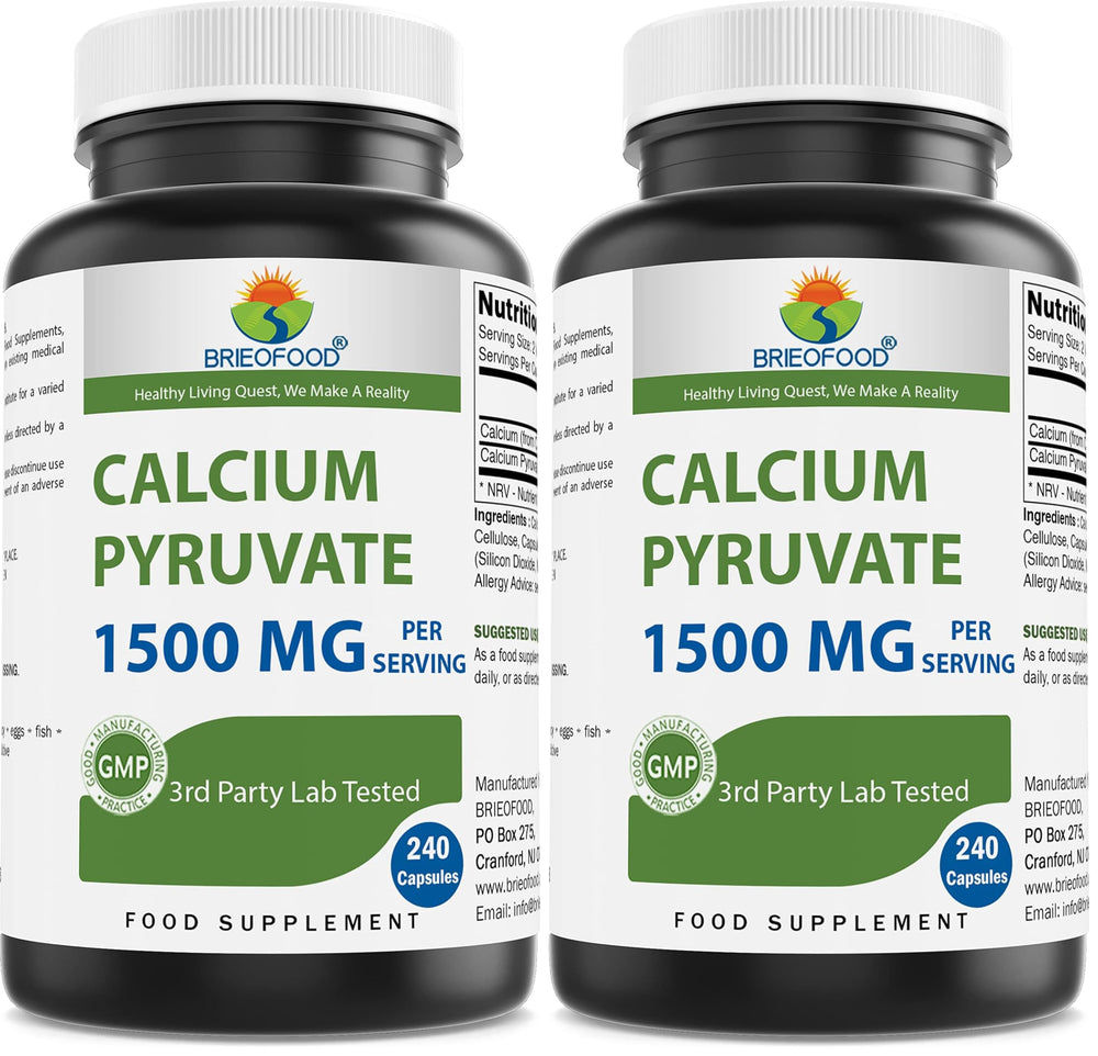 Brieofood Calcium Pyruvate bottle showing 1500mg per serving for daily support