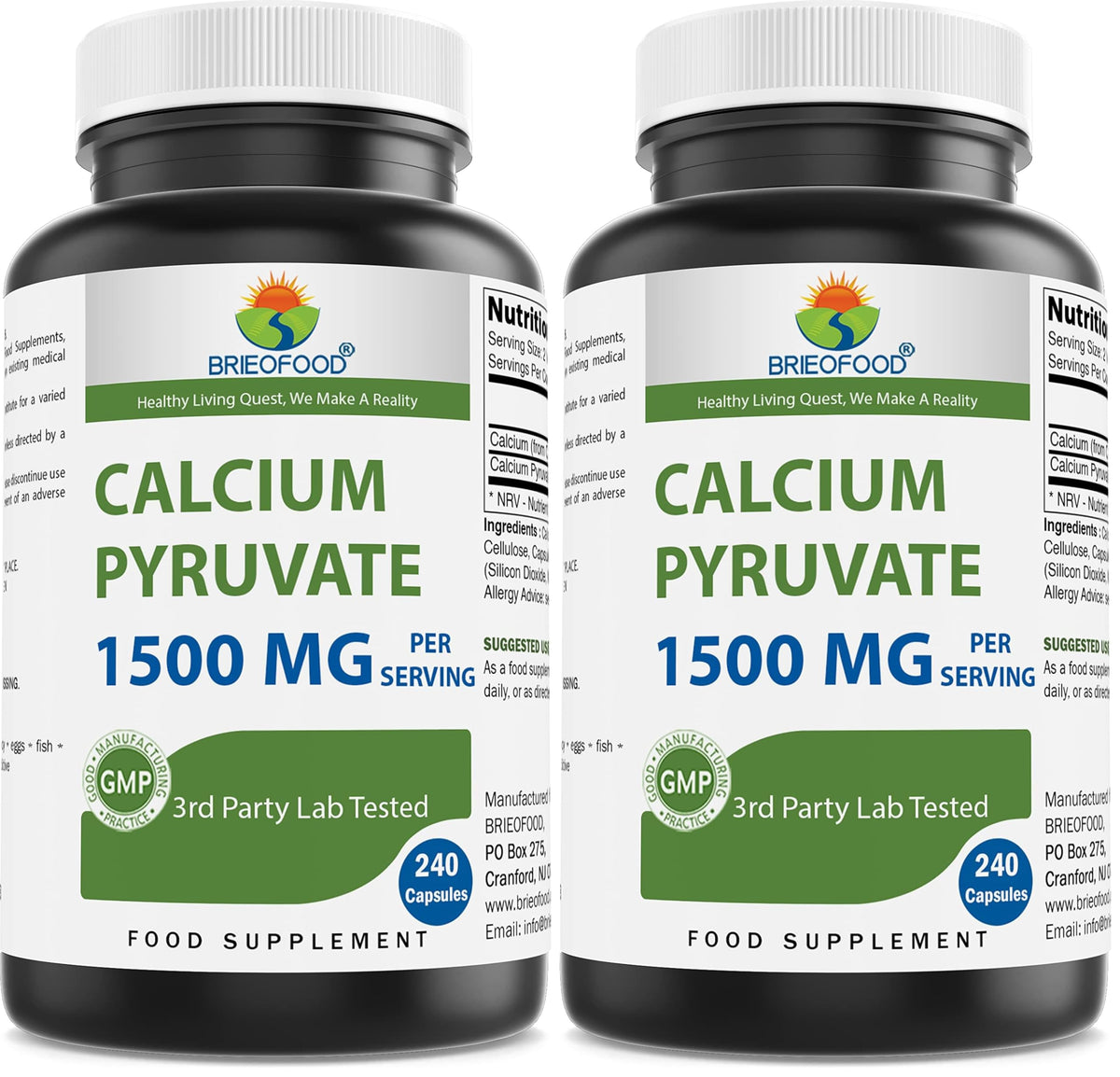Brieofood Calcium Pyruvate bottle showing 1500mg per serving for daily support