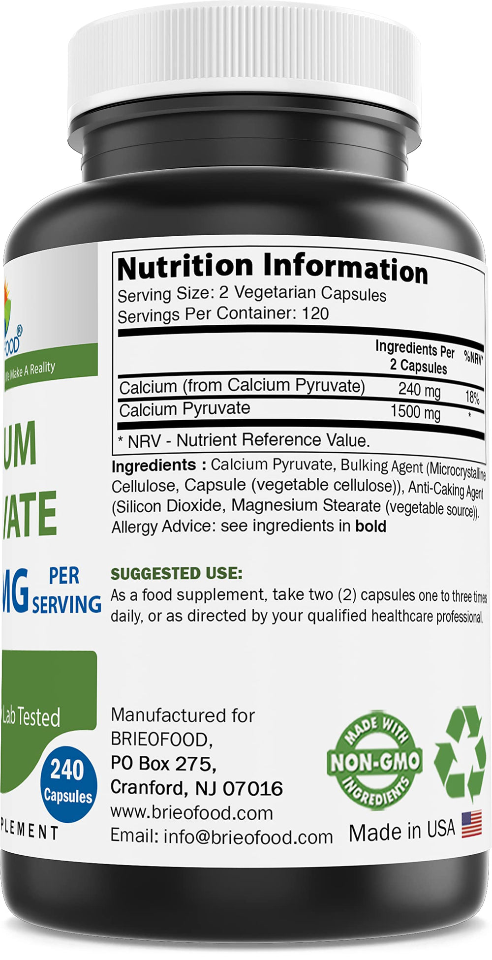 Brieofood Calcium Pyruvate capsules on display for easy dosing