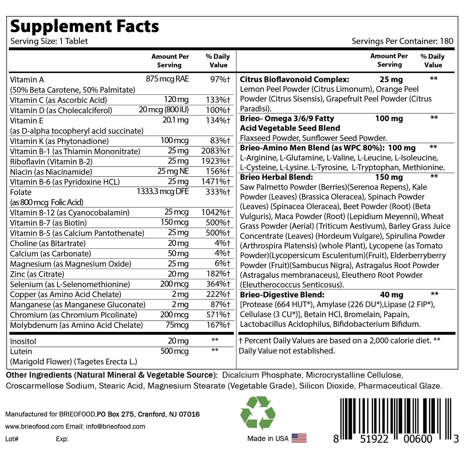 Brieofood Day-to-Day Men's Multi bottle label with ingredients and suggested use for men.