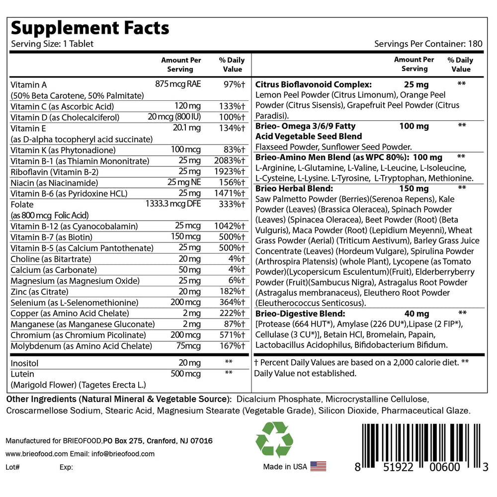 Brieofood Day-to-Day Men's Multi bottle label with ingredients and suggested use for men.