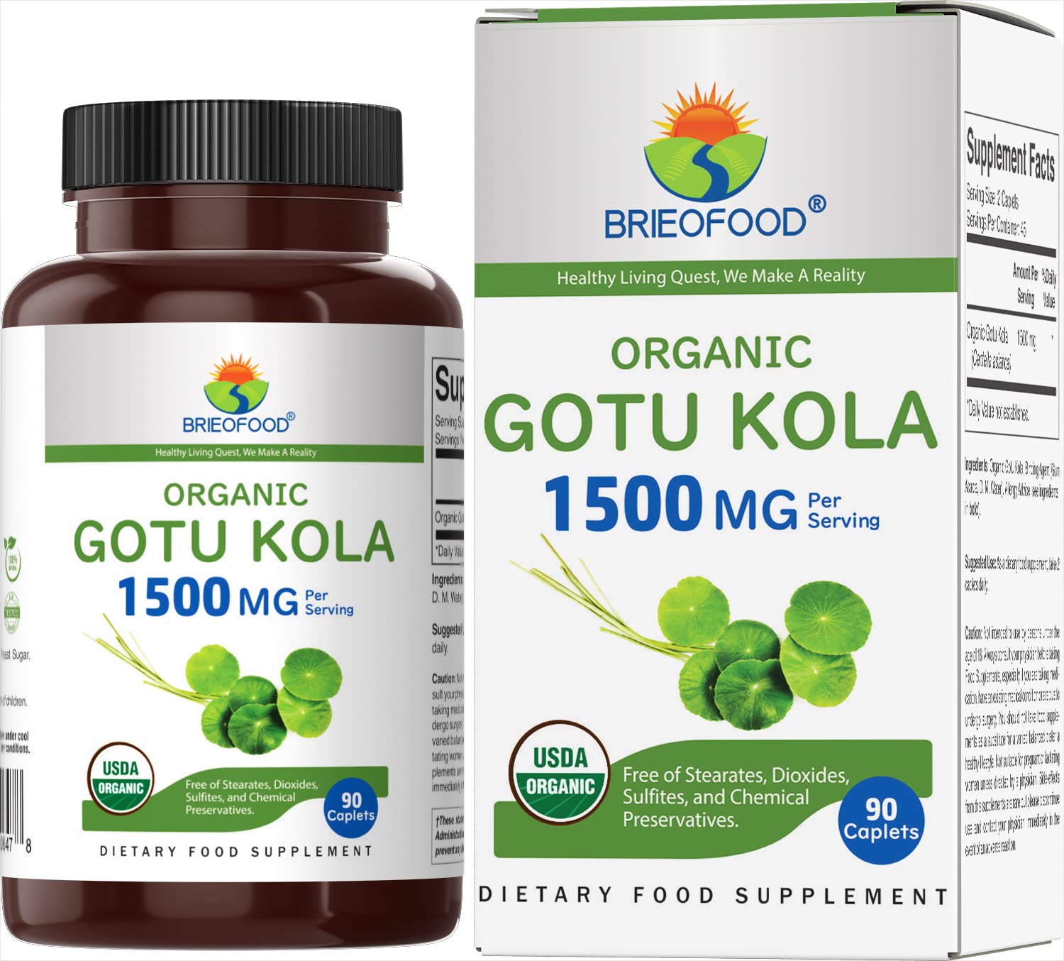Brieofood Gotu Kola bottle with 90 vegetarian tablets for daily wellness
