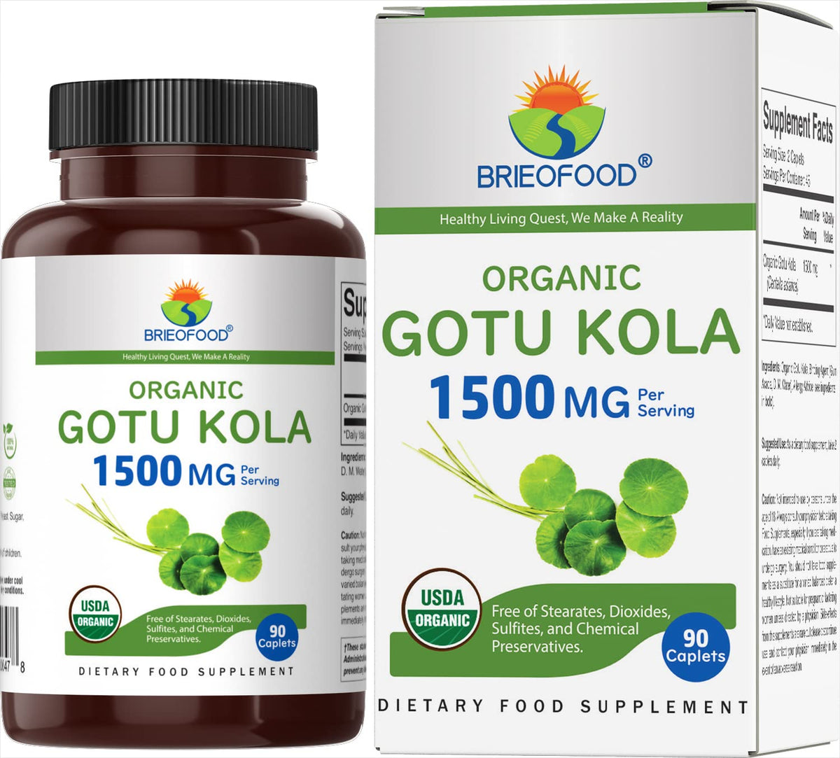 Brieofood Gotu Kola bottle with 90 vegetarian tablets for daily wellness