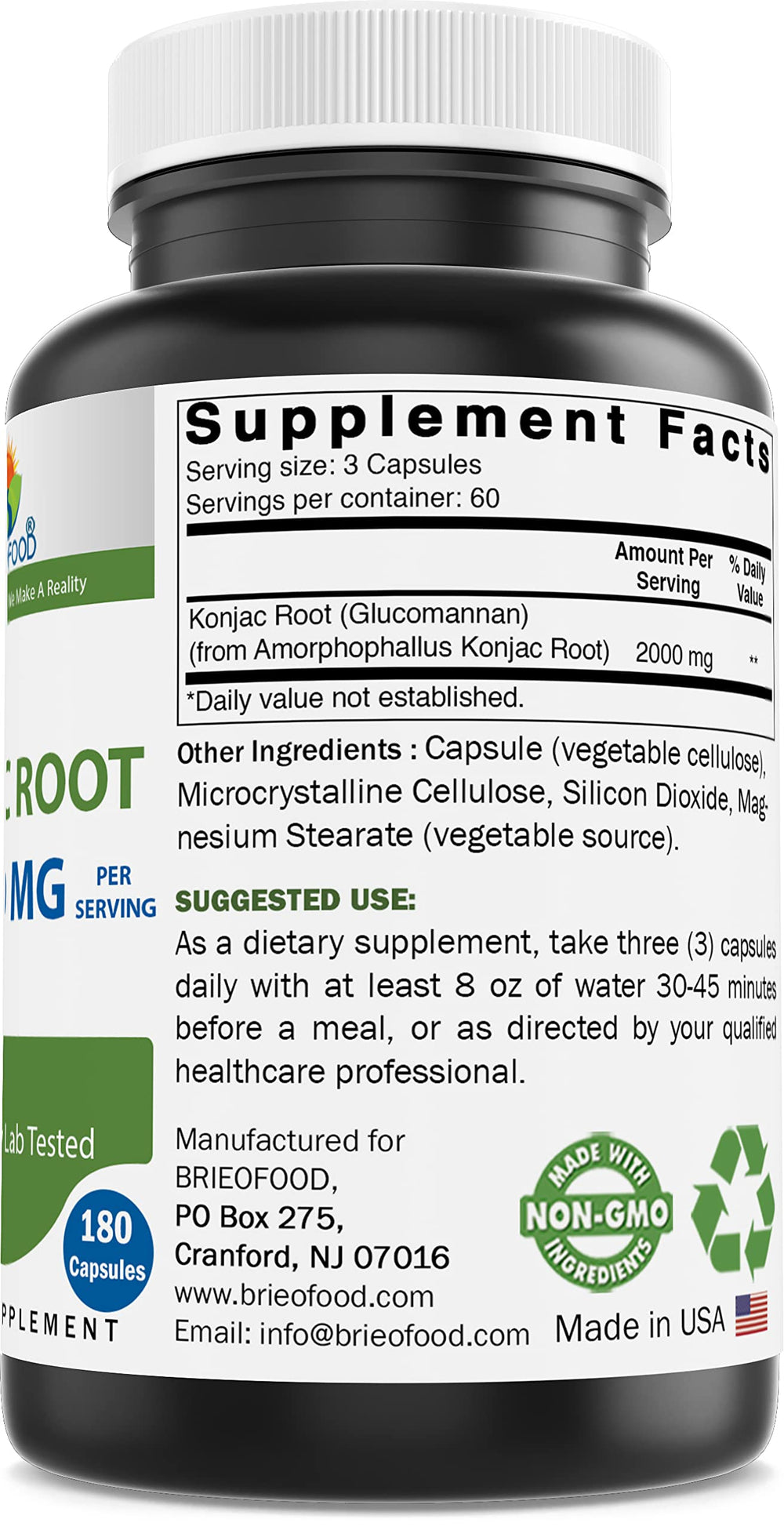Brieofood Konjac capsules shown, convenient 2000 mg per serving for daily use.