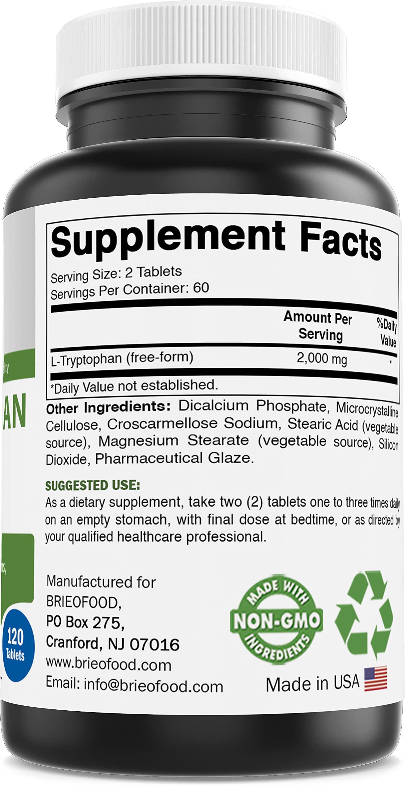 Brieofood L-Tryptophan tablets close-up highlighting high-strength 2000 mg per serving