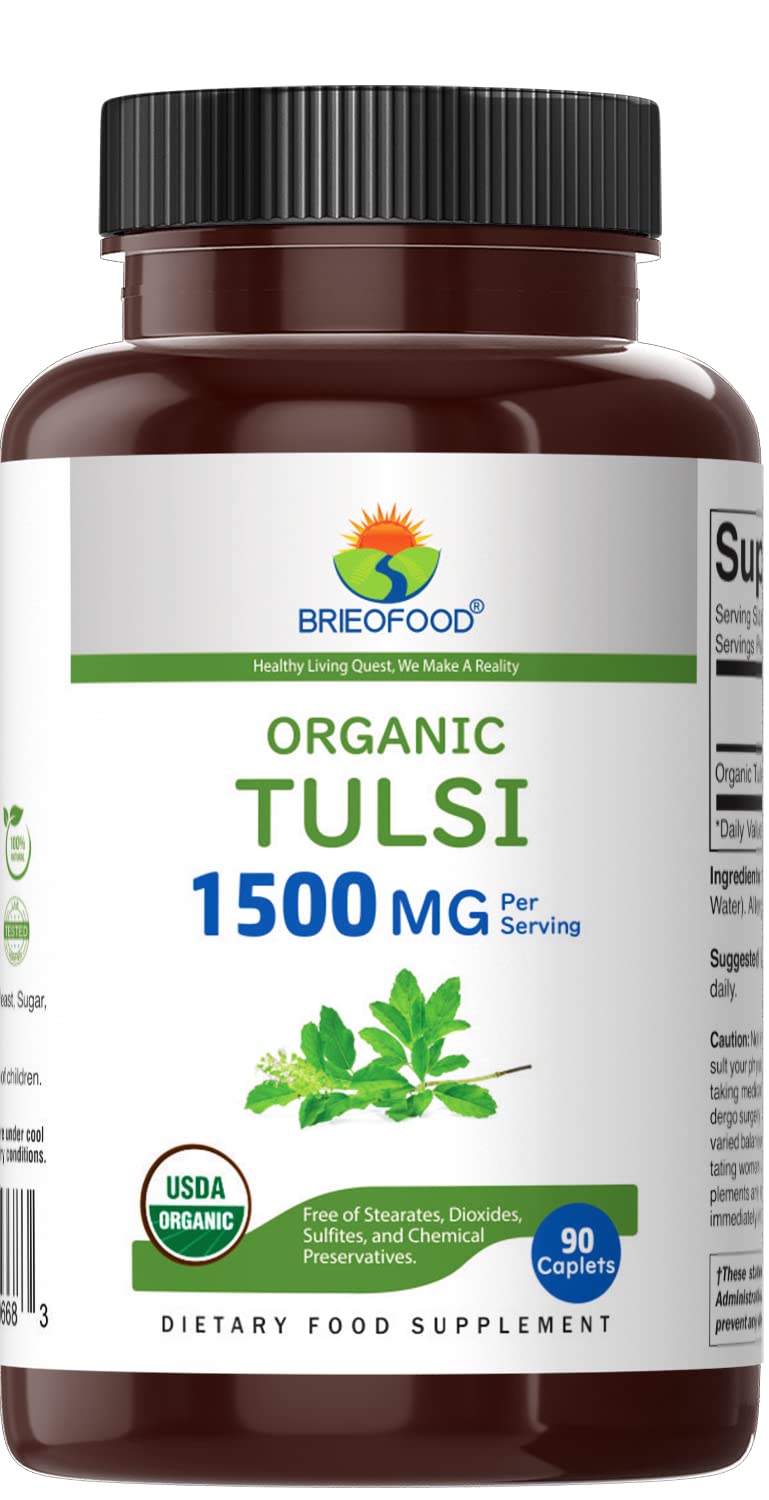 Brieofood Tulsi bottle close-up featuring OneCert Organic certification.