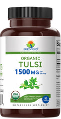 Brieofood Tulsi bottle close-up featuring OneCert Organic certification.