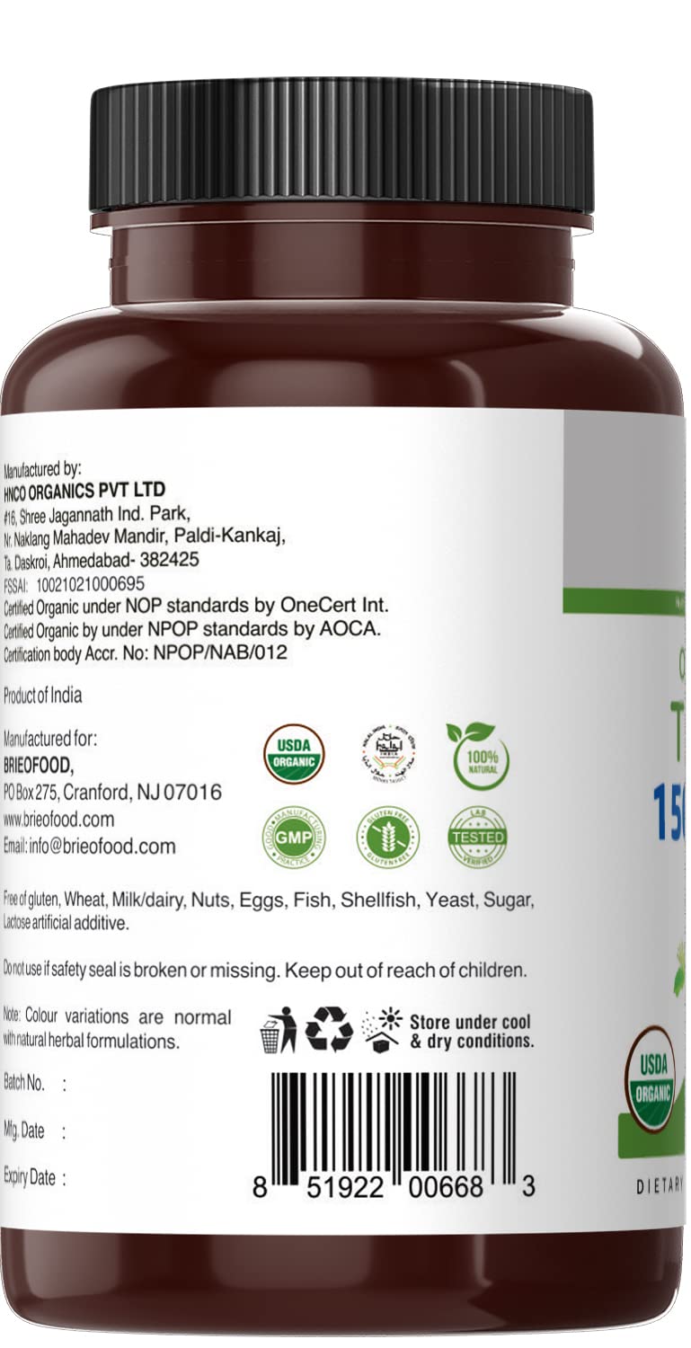 Fresh tulsi leaves beside Brieofood branding for natural wellness.