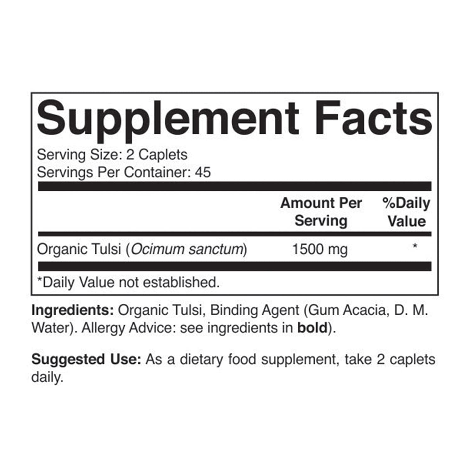 Brieofood Tulsi tablets shown at 750mg per tablet for daily servings.