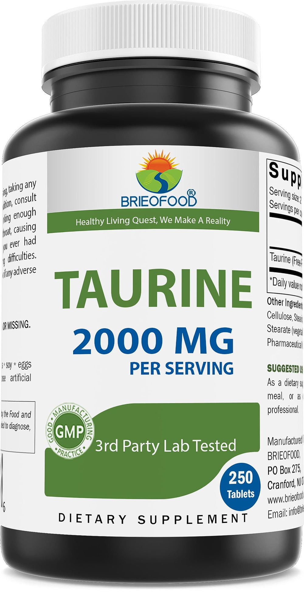 Brieofood Taurine 2000 mg serving bottle for easy daily use