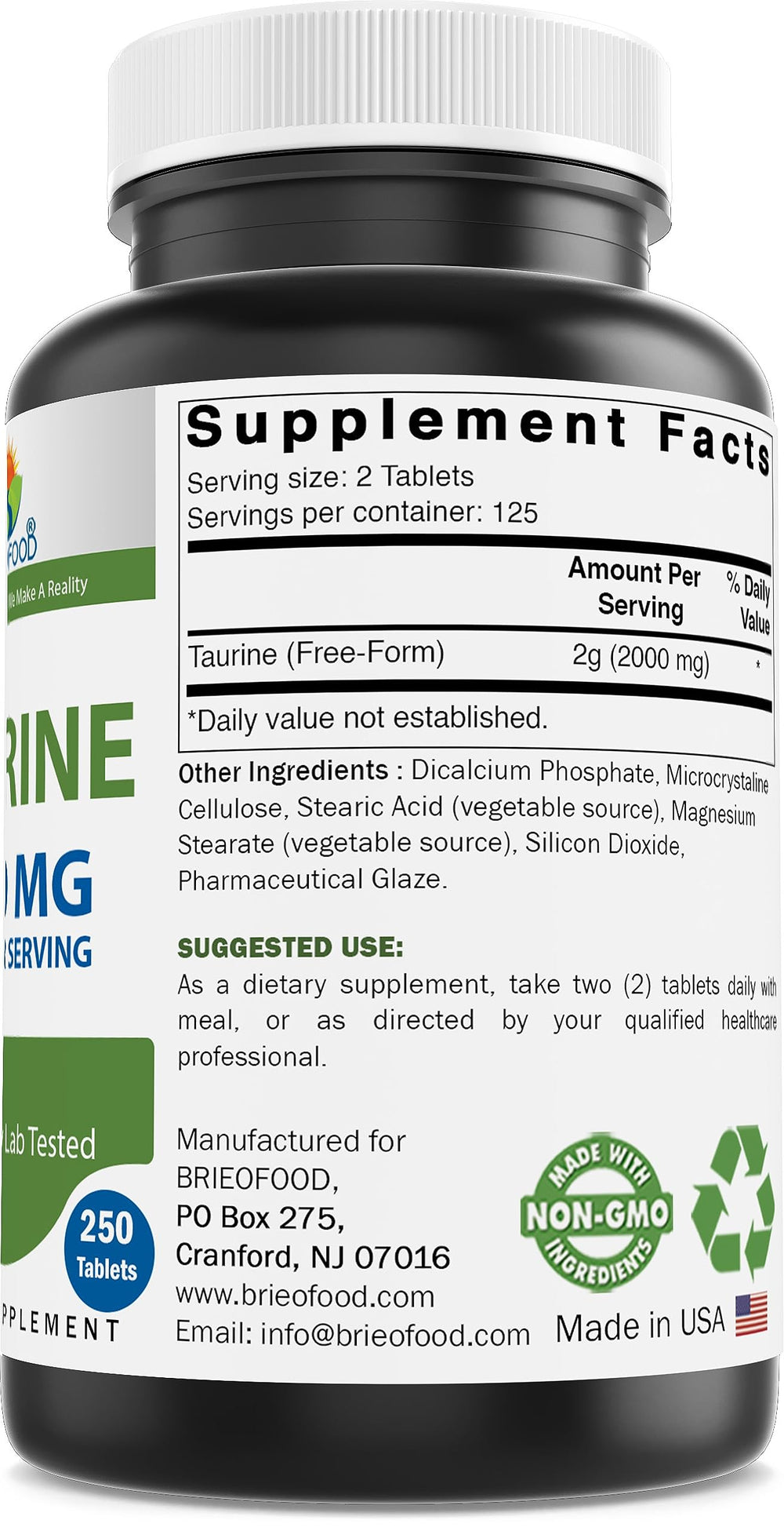 Brieofood Taurine tablets close-up highlighting gluten-free and allergen-free